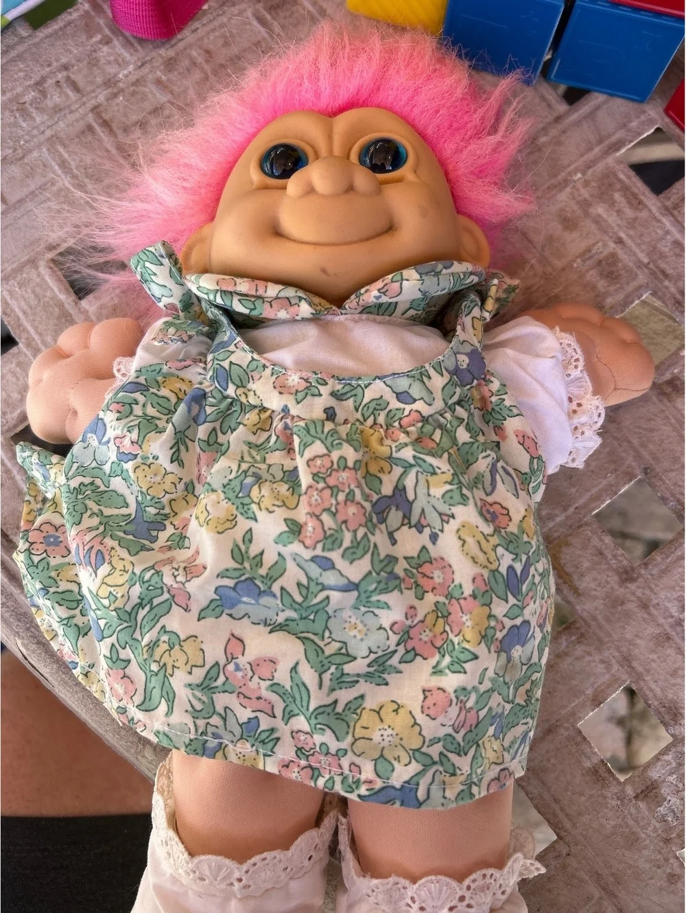 Vintage Russ Troll Doll with Pink Hair and Floral Dress